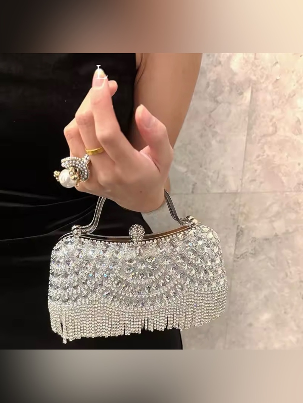 Gorgeous Luxurious Rhinestones Fringes Clutch Bag Purse Silver